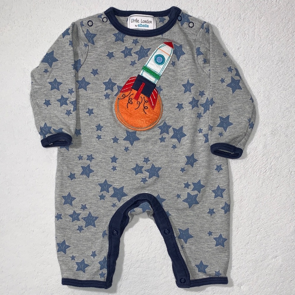 One Piece Outer Space Romper with Blue Stars and a Rocket Size 0-3 Months